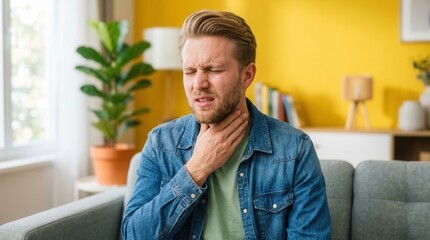 Fototapeta premium Young caucasian man suffering from throat pain while being sick at home