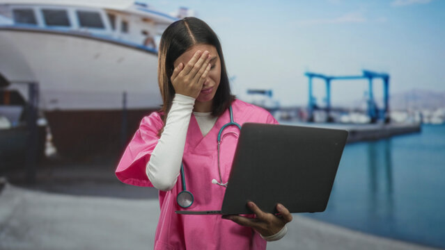 Young woman nurse in pink scrubs with stethoscope holds laptop, hand to forehead in studio near marina backdrop; work stress frustration.
