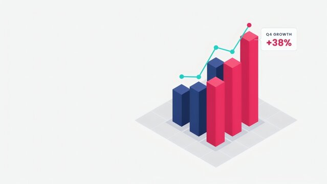 Isometric 3d bar chart showing corporate growth trends on a light grey background surface with percentage label minimal chart displays rising
