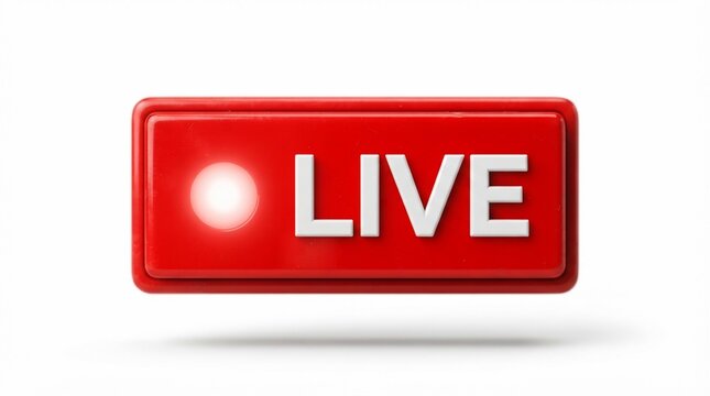 Red live streaming button with recording light, glossy broadcast icon for social media, 3D render of live video indicator