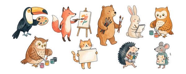 Fototapeta premium Creative Animal Artists in Whimsical Watercolor Style