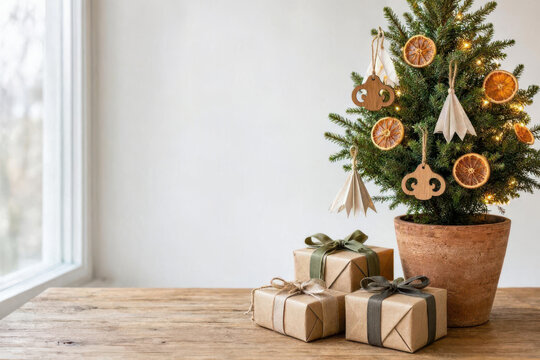 Sustainable christmas tree decorated with zero waste wrapped gifts