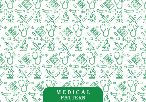 Seamless pattern with hand drawn medical equipment icons including stethoscopes microscopes and syringes on white background