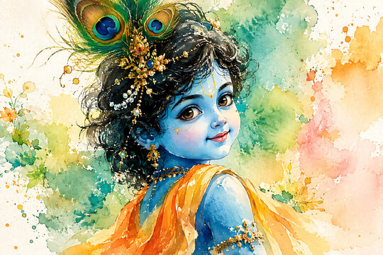 Baby lord krishna watercolor portrait painting with colorful background and peacock feather design elements for amazing sacred krishna janmashtami celebration