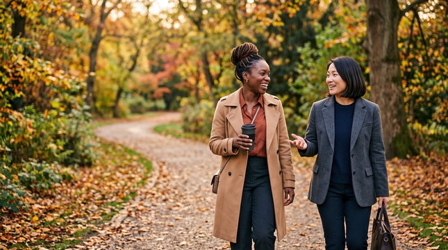 Diverse Businesswomen Smiling While Walking and Naturally Discussing a Project on an Autumn Park Path for Outdoor Project Discussion, Corporate Collaboration, and Professional Development Content