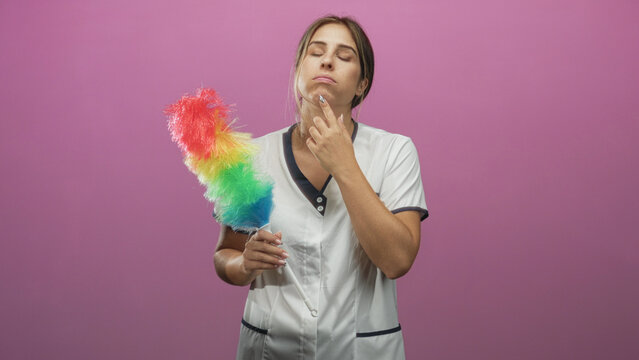 Woman cleaner in white uniform holds a rainbow feather duster with hand covering her mouth in studio; thoughtful reflection.