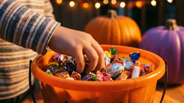 Child reaching for candy in Halloween bucket with pumpkins and lights