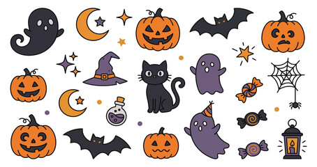 Fototapeta premium Cute Halloween doodle vector elements set with pumpkins, ghosts, black cat, bats, and candy.