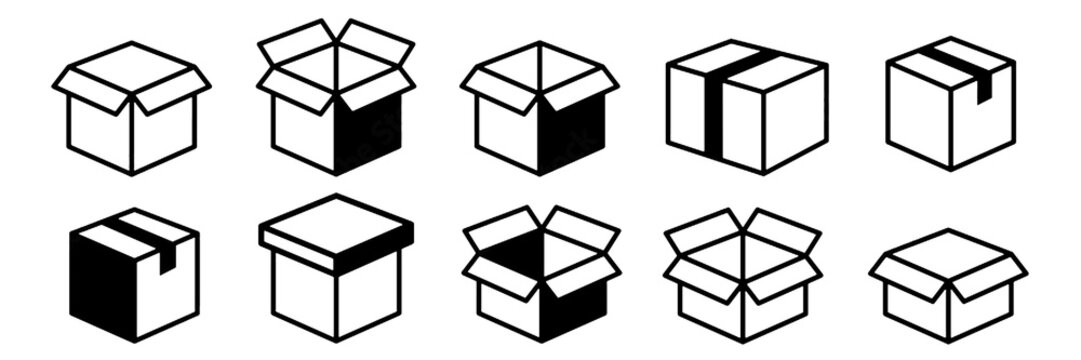 Box Line Icon Set, Editable Open Shipping Carton and Unboxing Vector Illustration Collection with Transparent Background