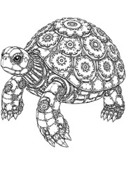Fototapeta premium Black and white drawing of mechanical turtle with intricate designs standing on isolated white background vector illustration outline coloring page