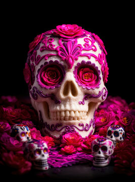 calavera, catrina, d&iacute;a de muertos, cultura mexicana, tradici&oacute;n mexicana, cr&aacute;neo, flores, flores rosas, rosa mexicano, magenta, altar, ofrenda, muerte, celebraci&oacute;n, halloween, folclore mexicano, arte m