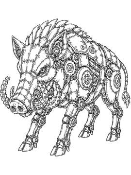 Black and white drawing of mechanical boar with gears standing on isolated white background vector illustration outline coloring page art