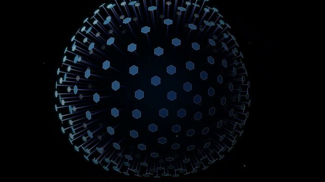 Abstract digital globe made of glowing blue hexagon shapes against a dark black background 4K Motion Video