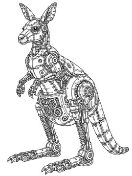 Black and white drawing of mechanical kangaroo with gears on back standing on isolated white background vector illustration outline coloring page