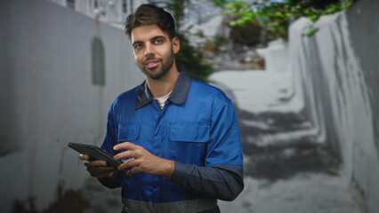 Hispanic man in blue work overalls tapping tablet with fingers, worker standing by white steps on street  diligence competence. © Krakenimages.com