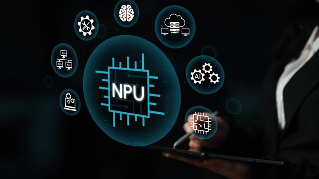 Person Using Tablet for NPU Technology Illustration with Icons of Artificial Intelligence, Cloud Computing, and Data Processing Concepts. Entropy.