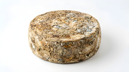 Obraz premium Whole wheel of aged artisan cheese with rustic textured rind on white background