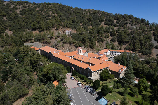 Bird's eye view drone aerial of Kykkos Monastery on sunny summer day. Cyprus.