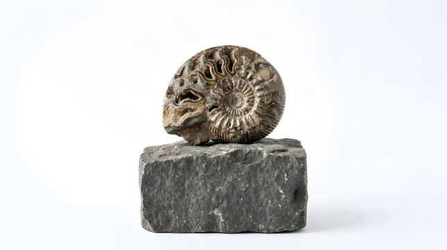Ancient ammonite fossil shell resting on a rough grey stone block against white background