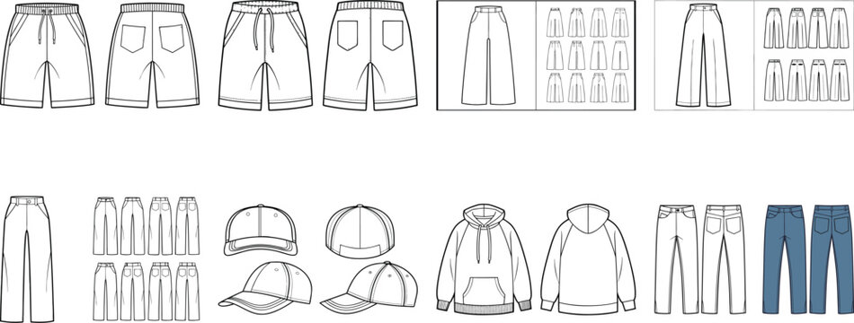 Technical fashion of shorts, wide leg pants, baseball caps, and hoodies for apparel