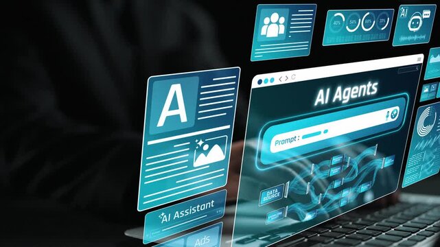 Futuristic Digital Interface Showing AI Assistant and Agent Interaction on Laptop with Various Data Displays and User Prompts on Screen Sigmoid