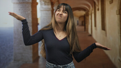 Obraz premium Woman smiling holds out palm and gestures with open hand in a building corridor with arched columns and tiled floor; playful confidence.