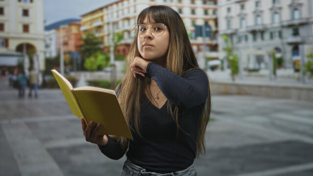 Woman holds yellow book and reads, points finger at page on a street plaza, young hispanic student wearing glasses; contemplative study.