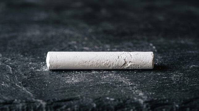 Detailed close up image of a single thick piece of heavily textured white writing chalk resting horizontally directly upon a dark scratched slate chalkboard surface emphasizing classical education.