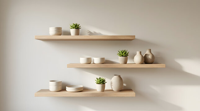 Minimalist wooden floating shelves mounted on neutral wall decorated with pottery and small plants