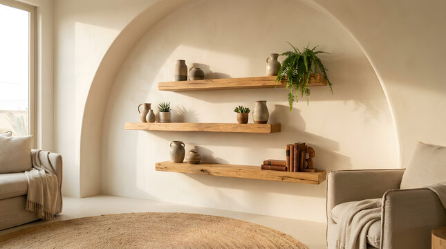 Modern minimalist living room interior with wooden floating shelves and arched wall design