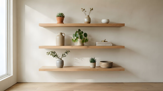 Minimalist wooden floating shelves on white wall with plants and home decor