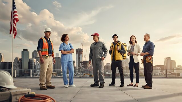 Happy Labor Day Construction Workers Team at Urban Building Site with American Flag, Skilled Workforce, Teamwork and Labor Celebration Concept