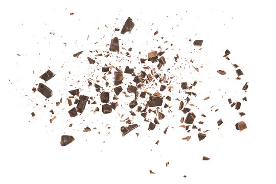  Pile chopped, milled chocolate isolated on white, top view