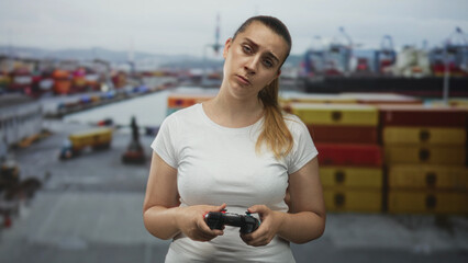 Woman in white t shirt holding a gamepad with both hands, tilted head and pursed lips gesture in studio  quiet frustration. © Krakenimages.com