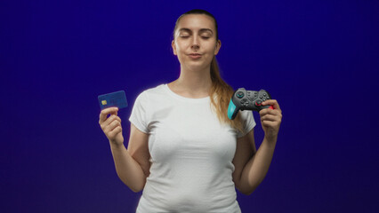 Woman holding a gamepad and a credit card, head tilted back with closed eyes in studio wearing white t shirt  satisfaction. © Krakenimages.com