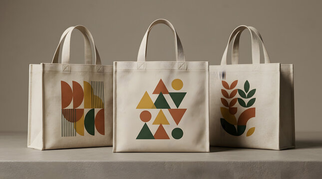 Three canvas tote bags with colorful geometric abstract patterns displayed on grey table