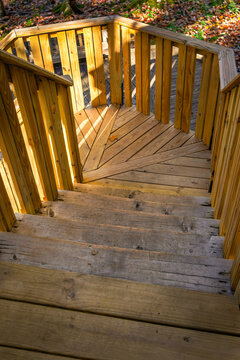 View Down Wood Curving Outdoor Stairs