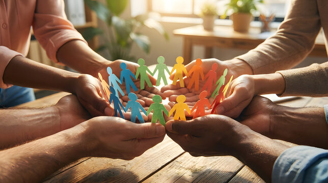 Group of diverse people holding hands around a circle of colorful paper cutout figures representing