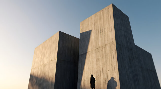 Minimalist concrete monolith architecture structure under clear blue sky during daylight