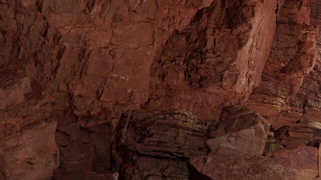 A view of a large red rock formation in a canyon. The sunlight creates shadows on the rocky surface. Various rock layers are visible, showing the natural textures and colors.