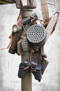 World War Two Era Military Equipment Hanging in Encampment