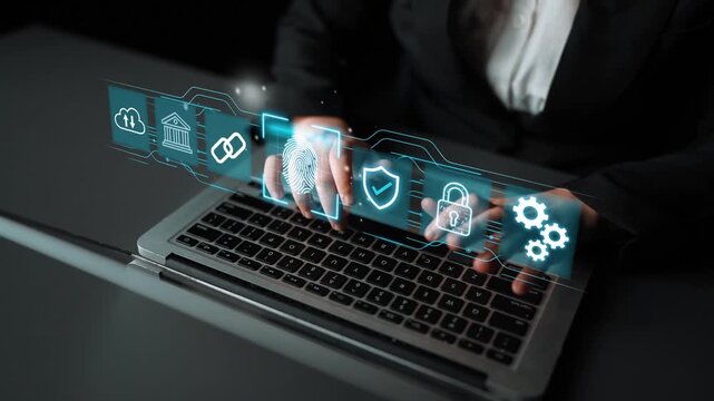 Modern Digital Security Concepts Illustrated on Laptop with Futuristic User Interface and Fingerprint Authentication Graphic. Entropy.