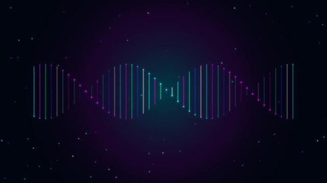 Glowing digital dna strand made of neon lines on a dark purple space background representing genetics and futuristic science technology