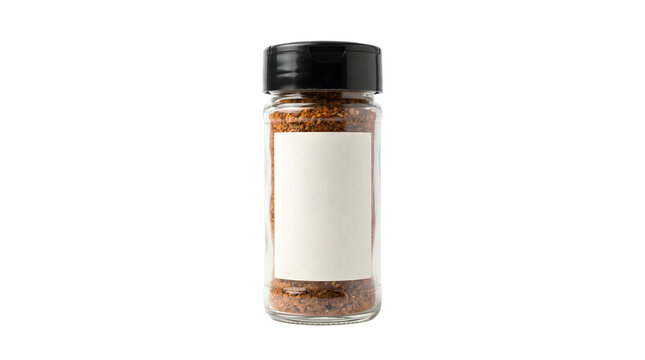 Spice Jar with Blank Label: A small glass jar filled with aromatic spice blend, capped with a black lid and featuring a blank label for customization, ready to enhance culinary creations.