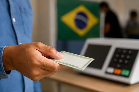 Brazilian Voter Holding Identification Card at Electronic Voting Machine During Election