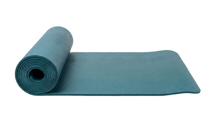 Obraz premium Teal Yoga Mat Unrolled: A teal-colored yoga mat, partially unrolled and ready for use, rests on a plain background, symbolizing readiness for exercise and well-being.