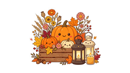 Fototapeta premium Autumn pumpkin harvest crate with lantern and flowers.