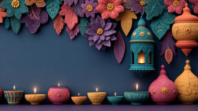 Diwali festive frame with hanging garlands, glowing diyas and colorful pots on dark teal, Indian celebration, decorative holiday border, cultural tradition, Diwali.