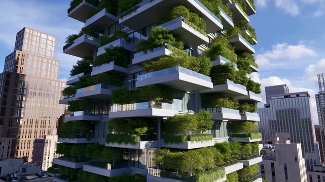 Green high-rise building covered with dense planted terraces fills foreground as camera glides beside stacked balconies, glass walls, and surrounding city towers under blue sky