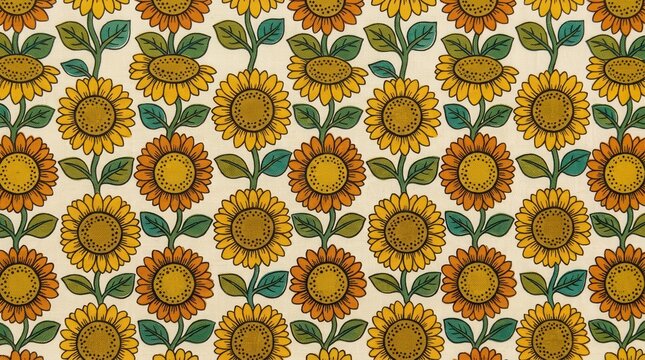 Seamless pattern with retro sunflowers and green leaves